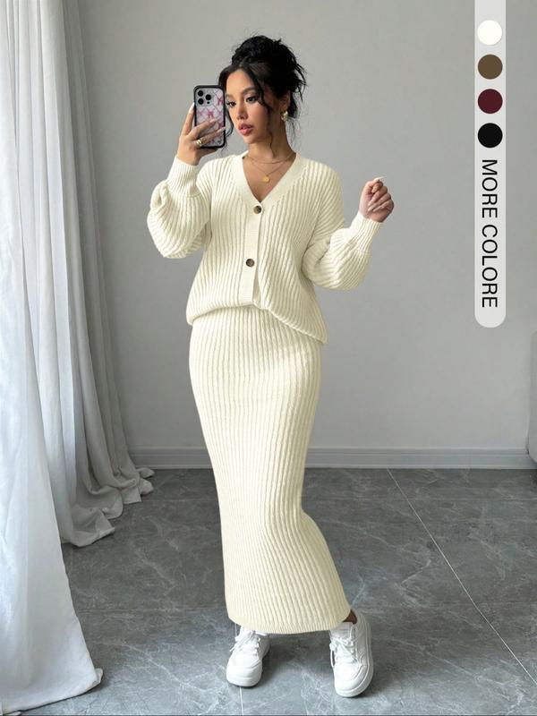 Lea | Button Front Knit Sweater and Long Skirt Set for Women