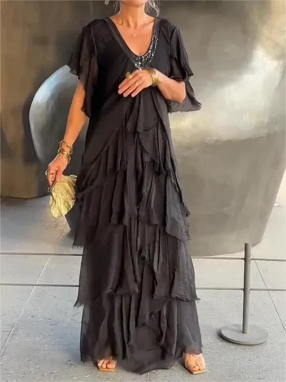 Blaise - Ruffled Short Sleeves V-Neck Maxi Dress