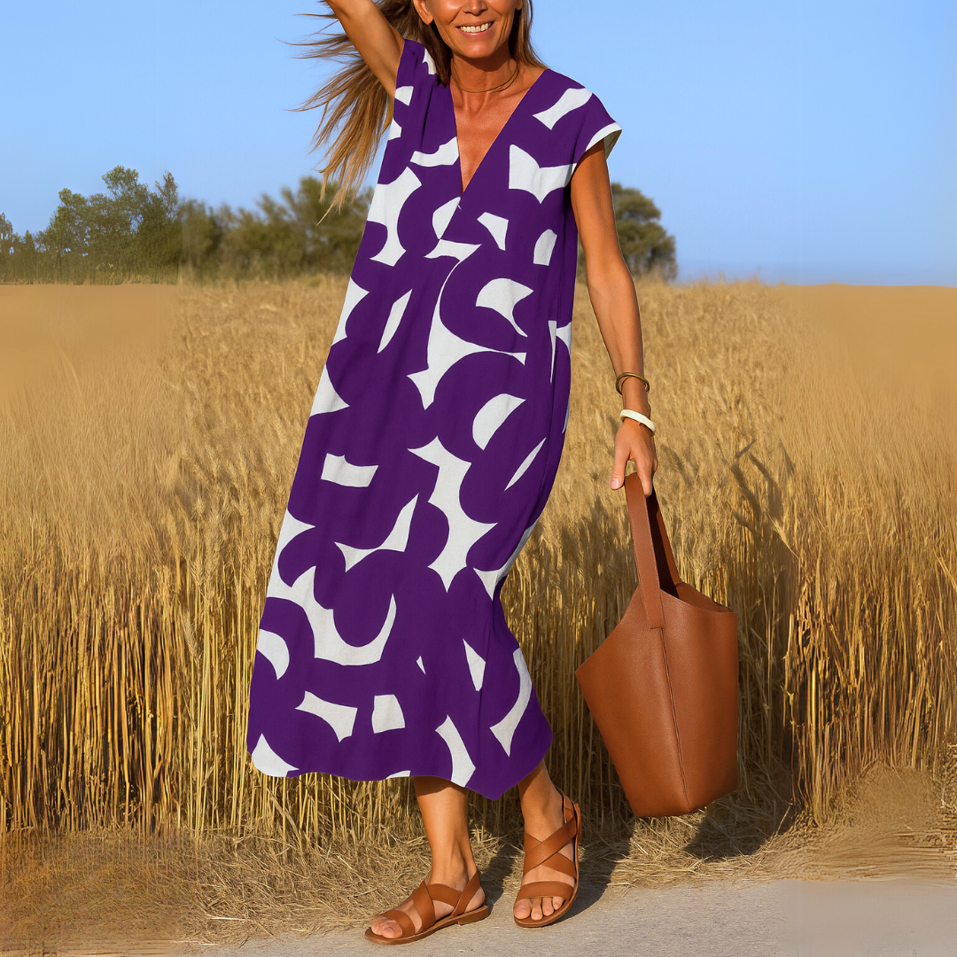 Tirzah - Flowing V-Neck Geometric Print Dress