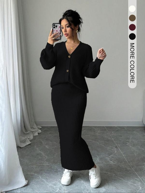 Lea | Button Front Knit Sweater and Long Skirt Set for Women