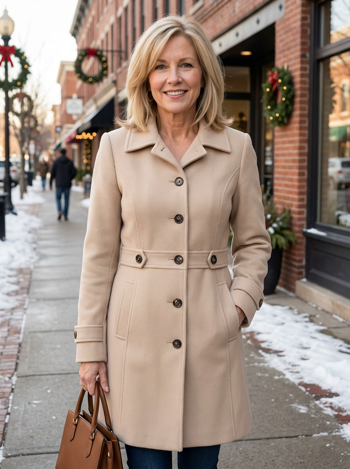 Elowen | Classic Wool Blend Coat with Structured Shoulders for Women