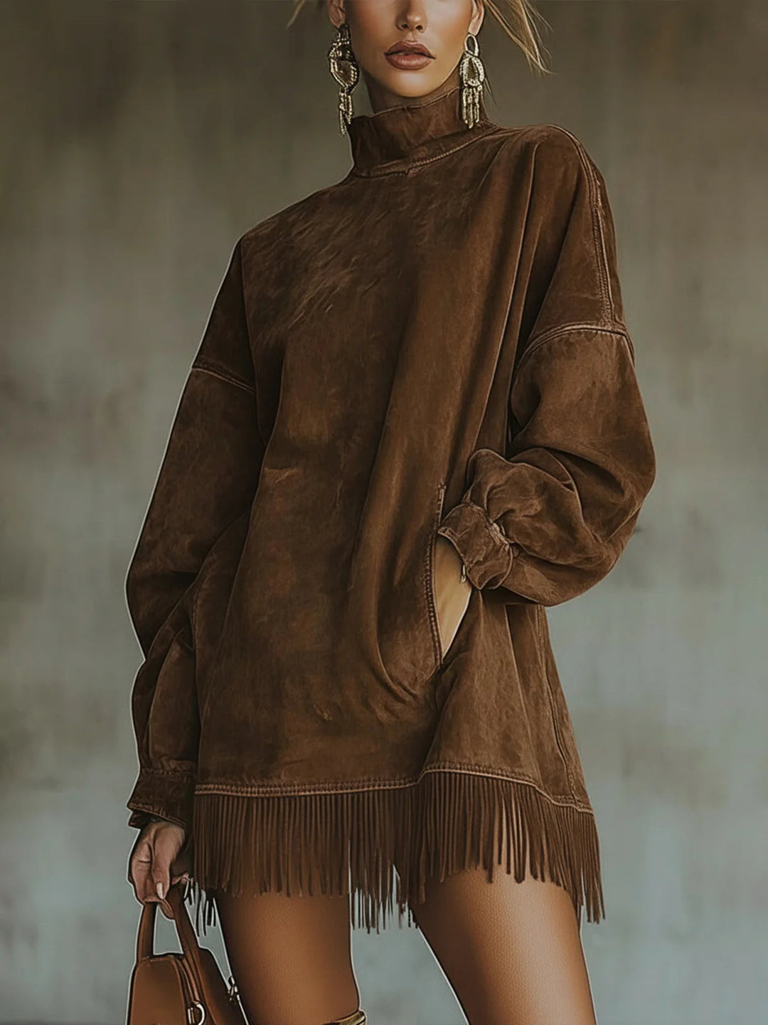 Mara - Leather Dress With High Collar And Fringes