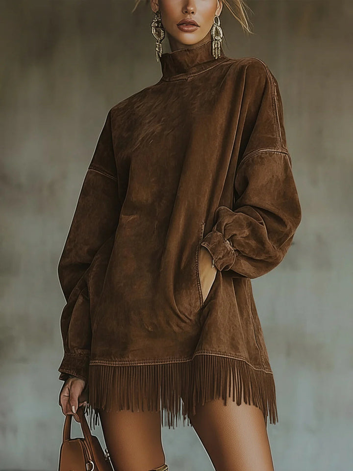 Mara - Leather Dress With High Collar And Fringes