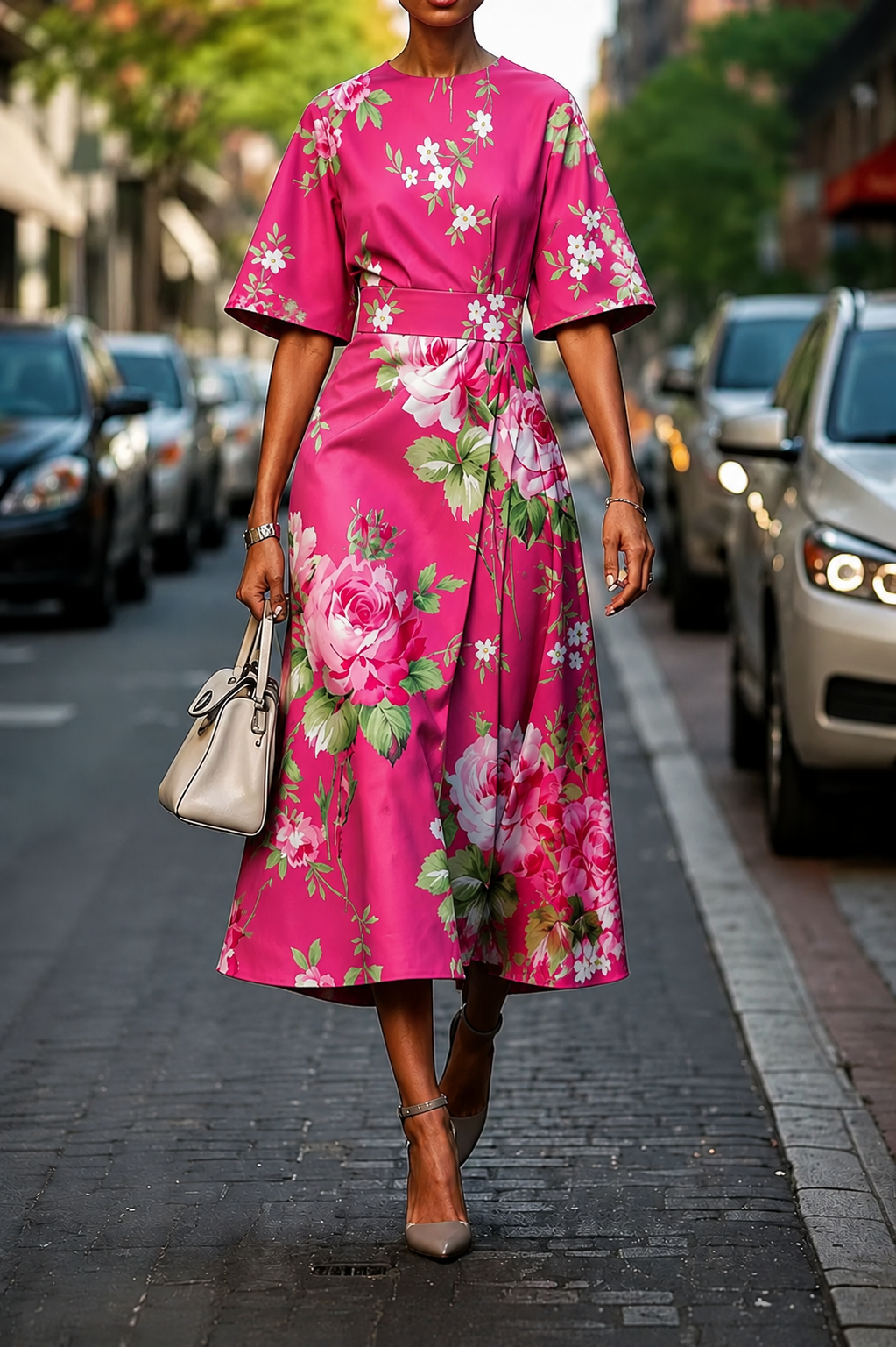 Evelyn | Draped Botanical Print Midi Dress with Wide Sleeves for Women