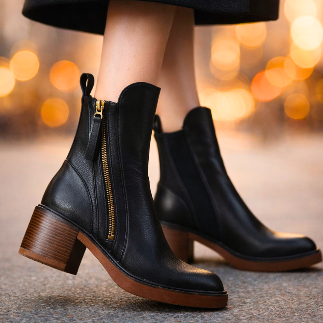 Nola | Leather Ankle Boots with Stacked Heel and Cushioned Insole for Women
