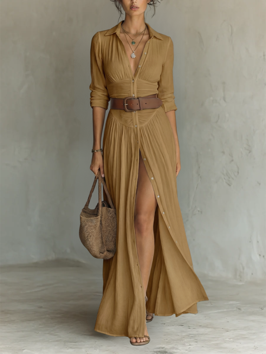 Pamela | Long Maxi Dress with Notched Collar and Long Sleeves