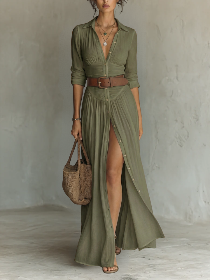 Pamela | Long Maxi Dress with Notched Collar and Long Sleeves