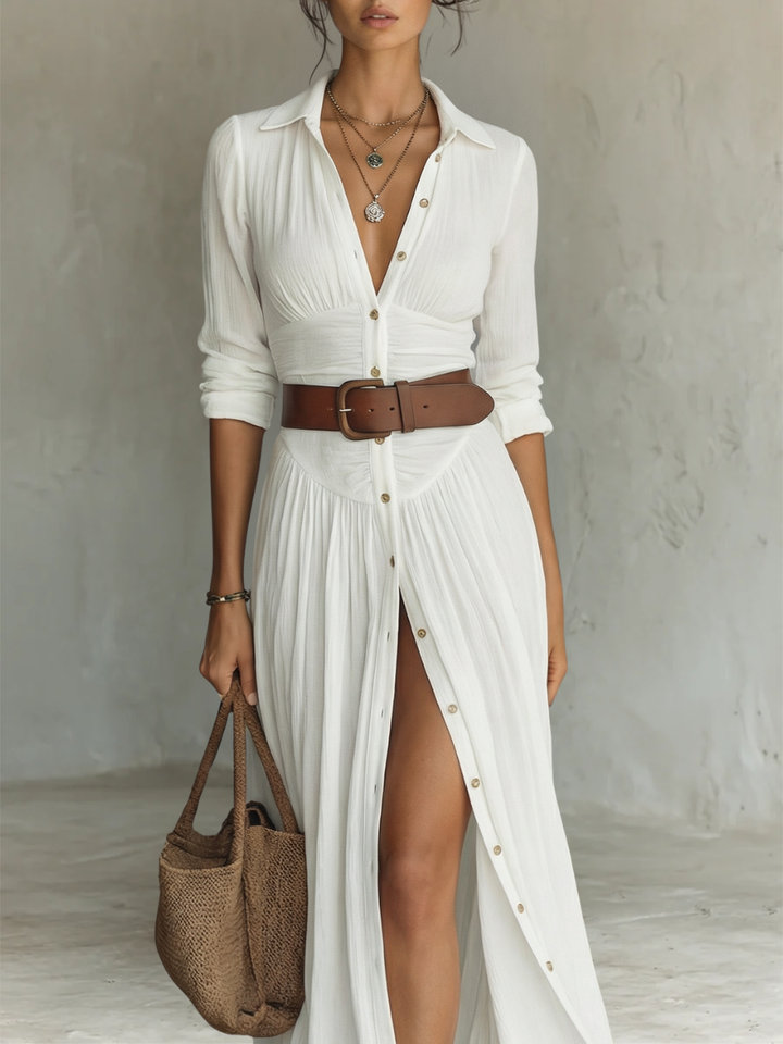 Pamela | Long Maxi Dress with Notched Collar and Long Sleeves