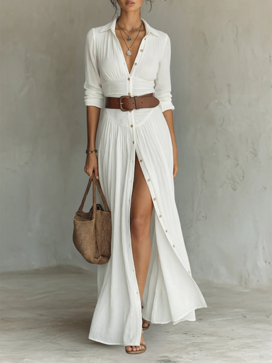 Pamela | Long Maxi Dress with Notched Collar and Long Sleeves