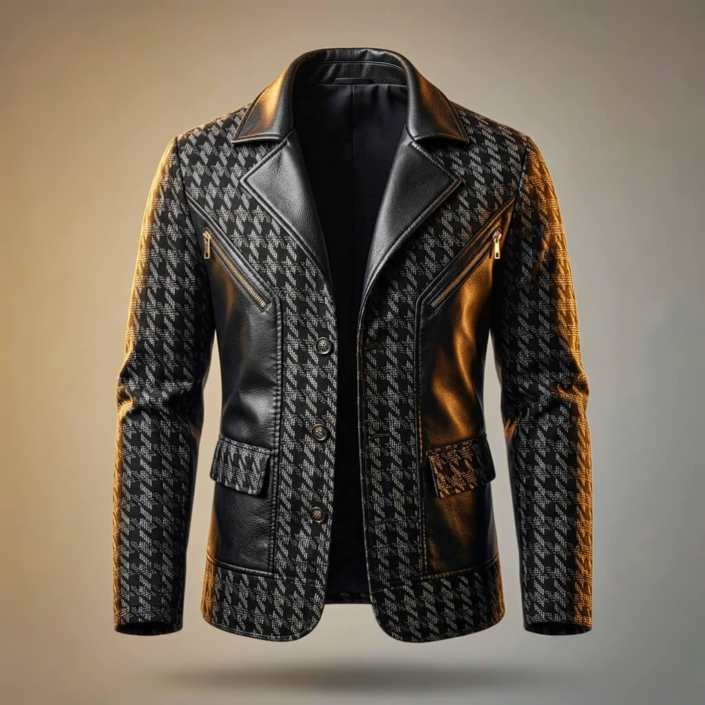 Giorgio | Leather and Houndstooth Blazer with Notch Lapels for Men
