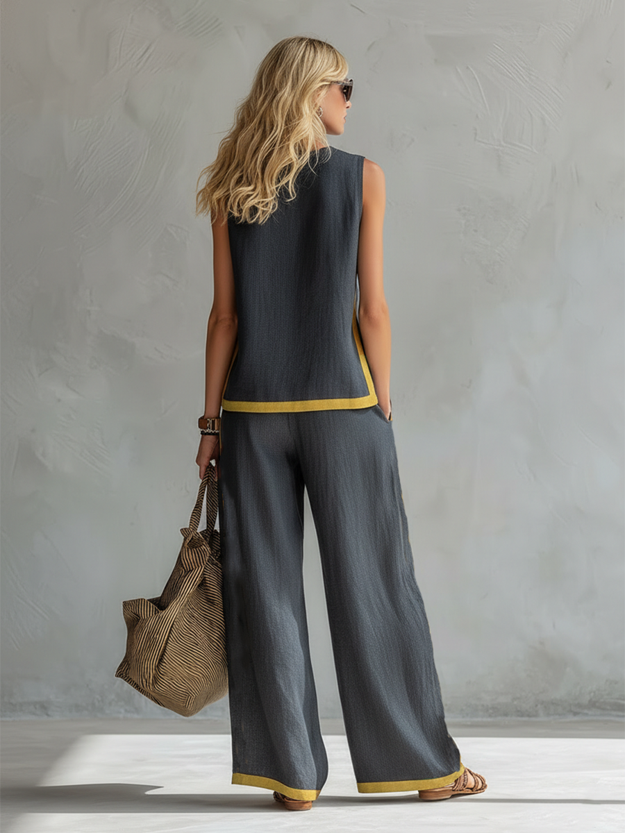 Leila – Complete vest and trousers in two-tone grey cotton-linen