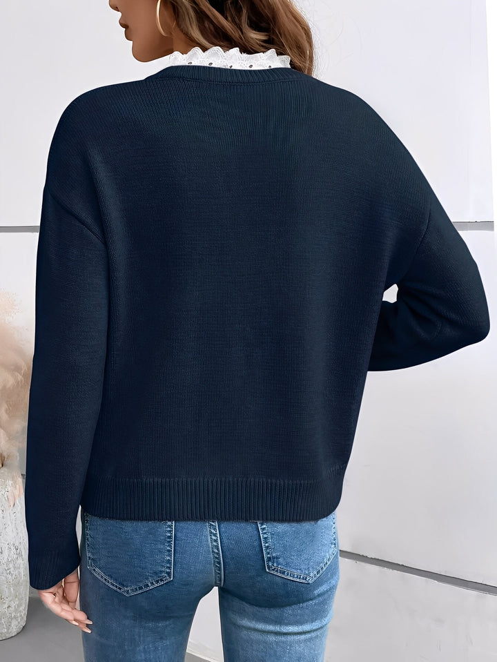 Celine - Chic Knit Sweater With Elegant Lace Collar