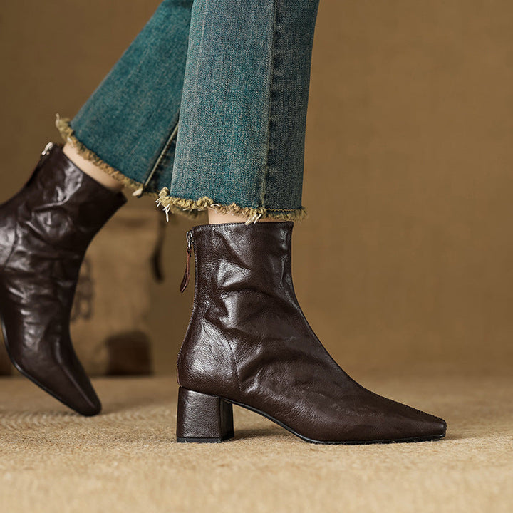 Riona | Genuine Leather Ankle Boots with Block Heel for Women