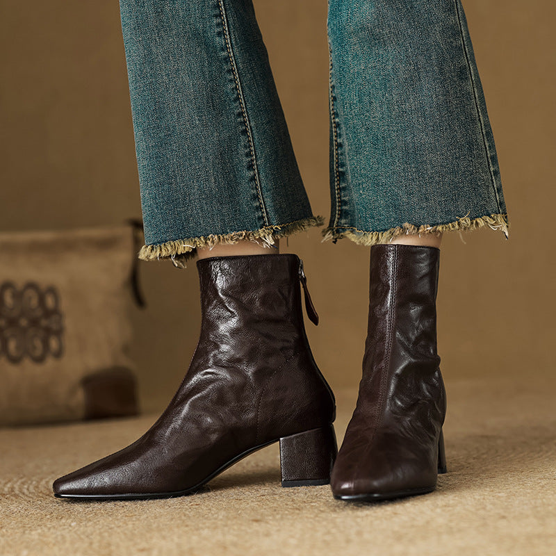 Riona | Genuine Leather Ankle Boots with Block Heel for Women