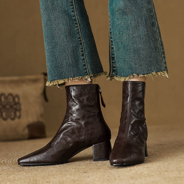 Riona | Genuine Leather Ankle Boots with Block Heel for Women