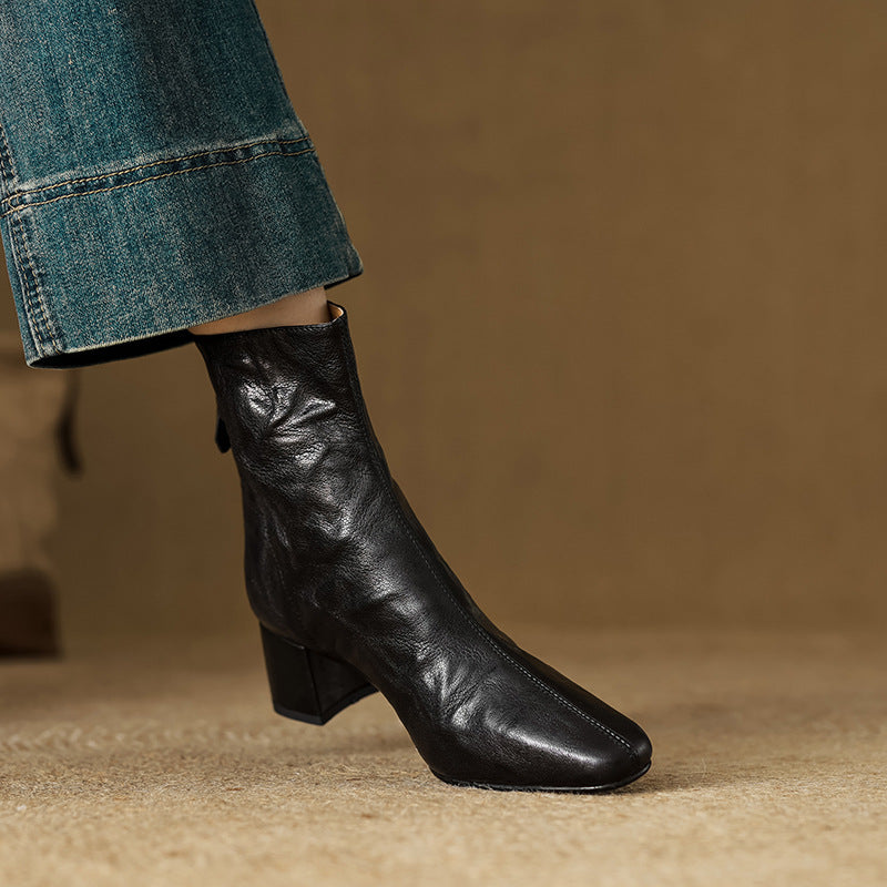 Riona | Genuine Leather Ankle Boots with Block Heel for Women