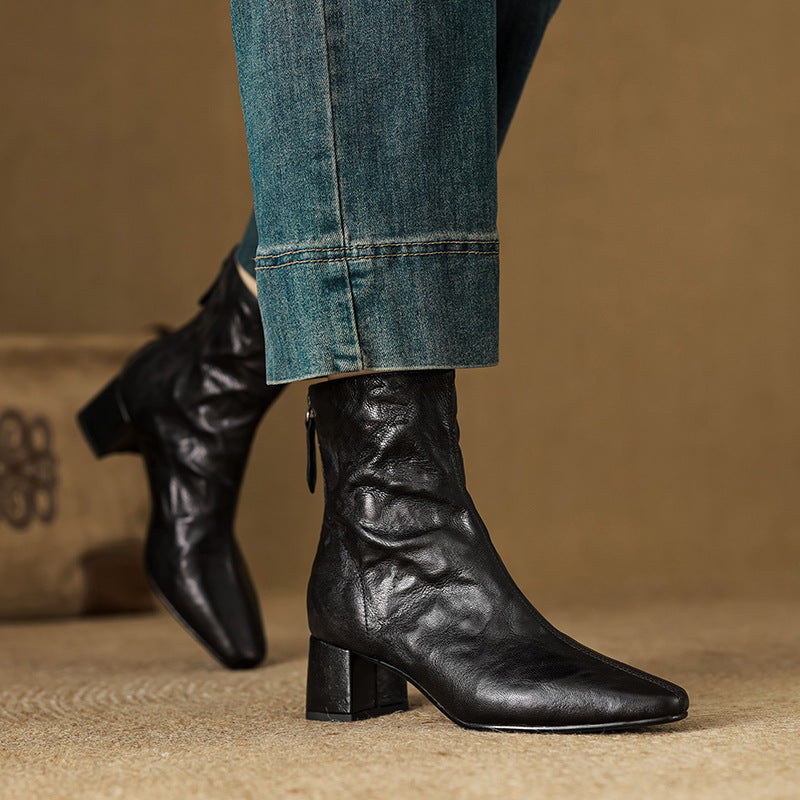 Riona | Genuine Leather Ankle Boots with Block Heel for Women
