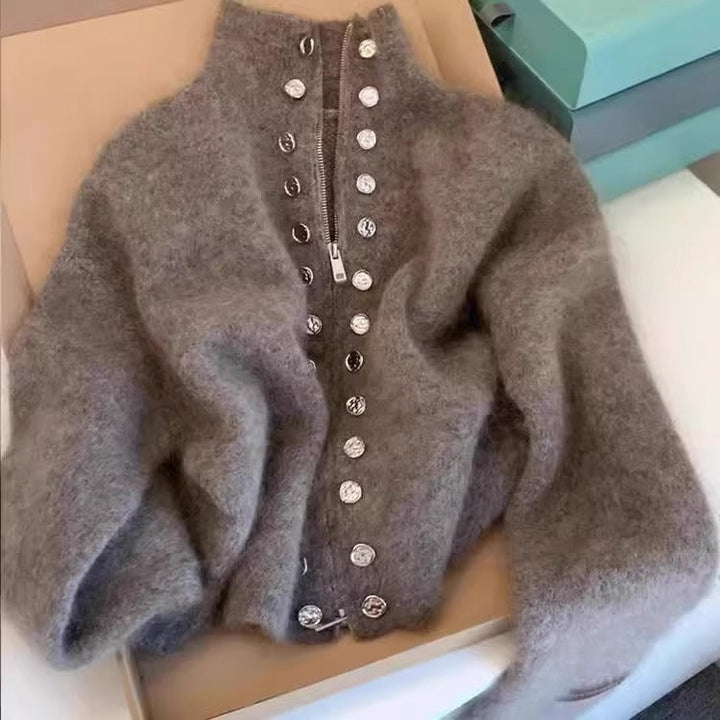 Milana | High Neck Knitted Cardigan with Faux Button Accents for Women