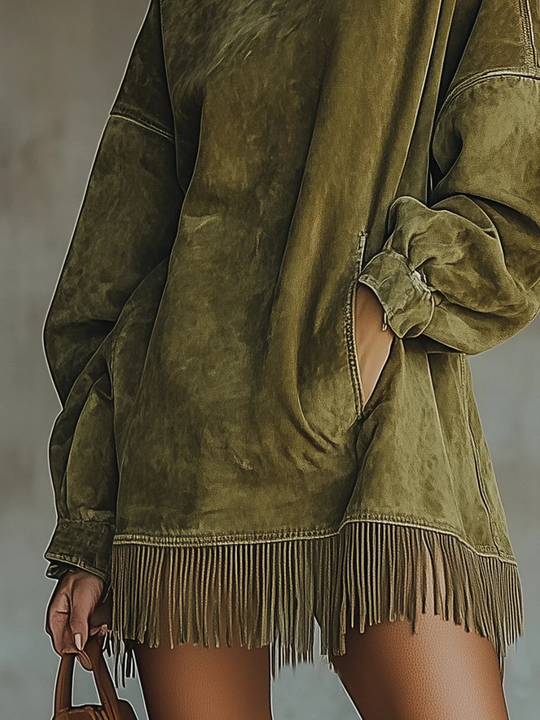 Mara - Leather Dress With High Collar And Fringes