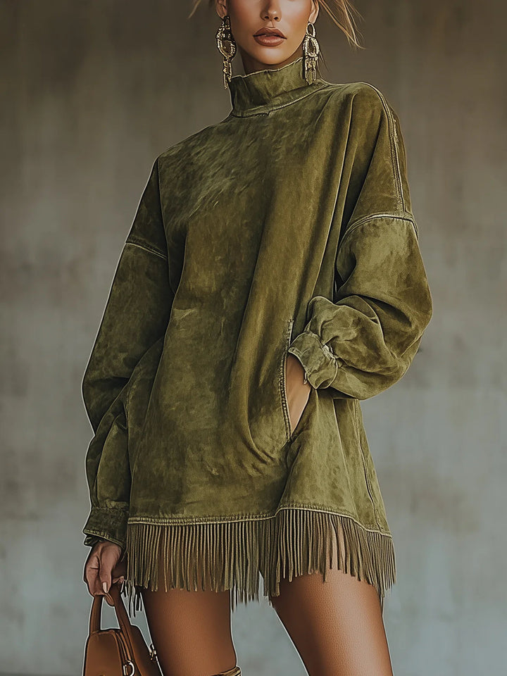 Mara - Leather Dress With High Collar And Fringes