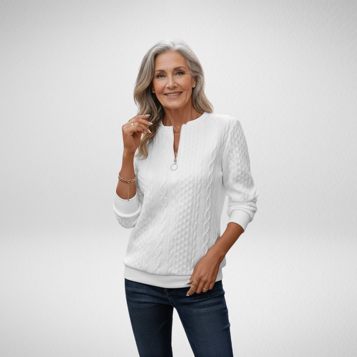 Estelle - Elegant White Zip-Neck Sweater