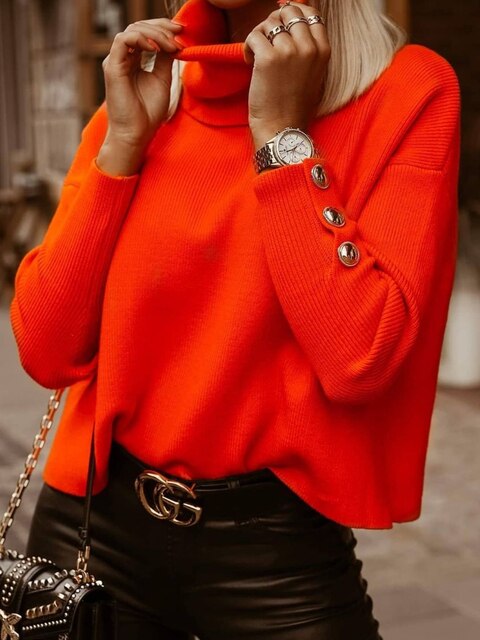 Priscilla | Funnel Neck Knit Sweater with Button Cuff Detail for Women