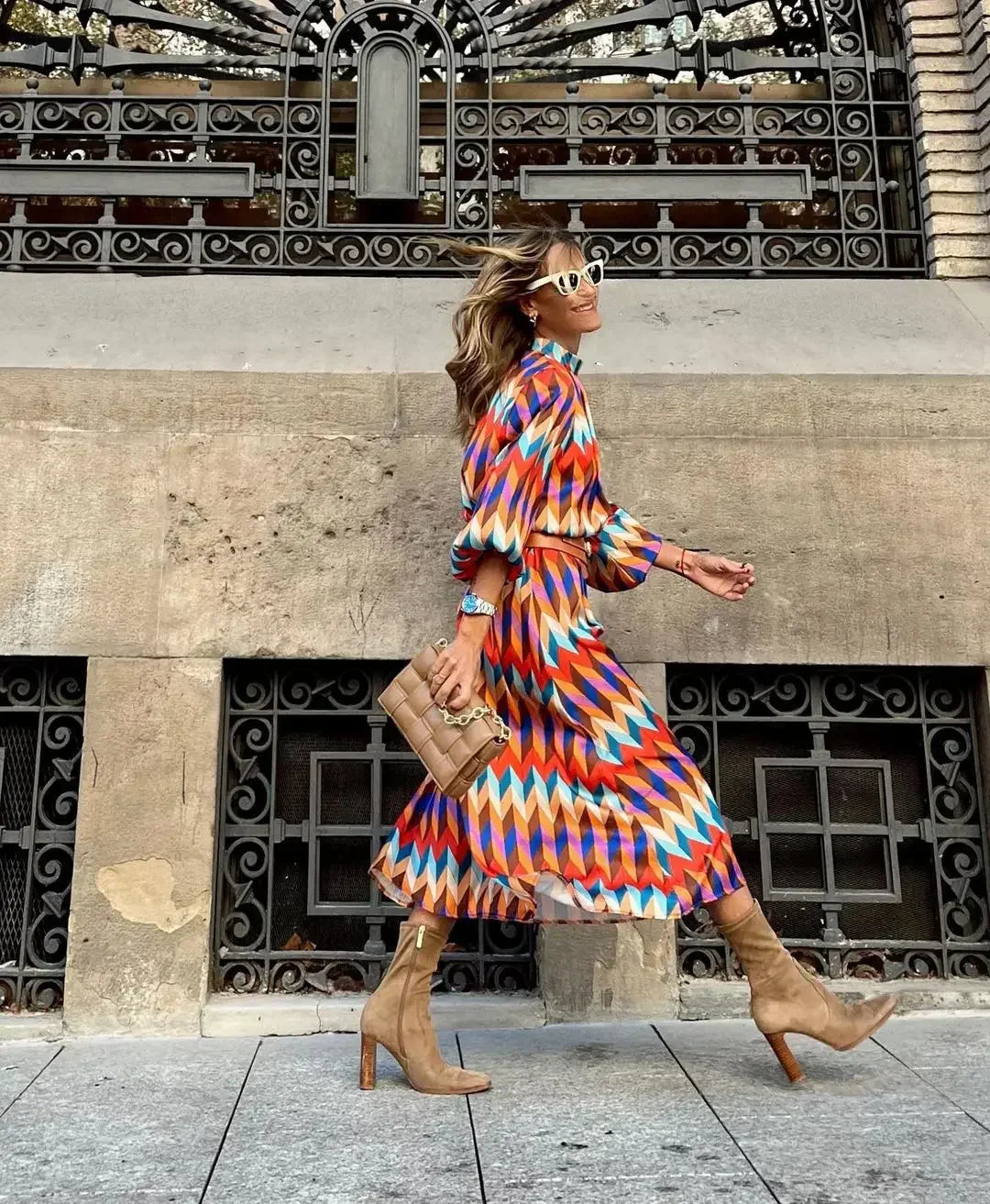 Kaia - Geometric Prints Long Party Dress