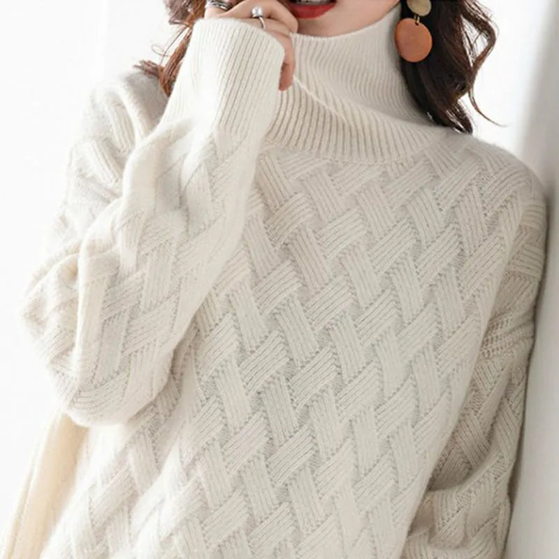 Valentina | Cashmere Blend Turtleneck with Basket Weave Knit for Women
