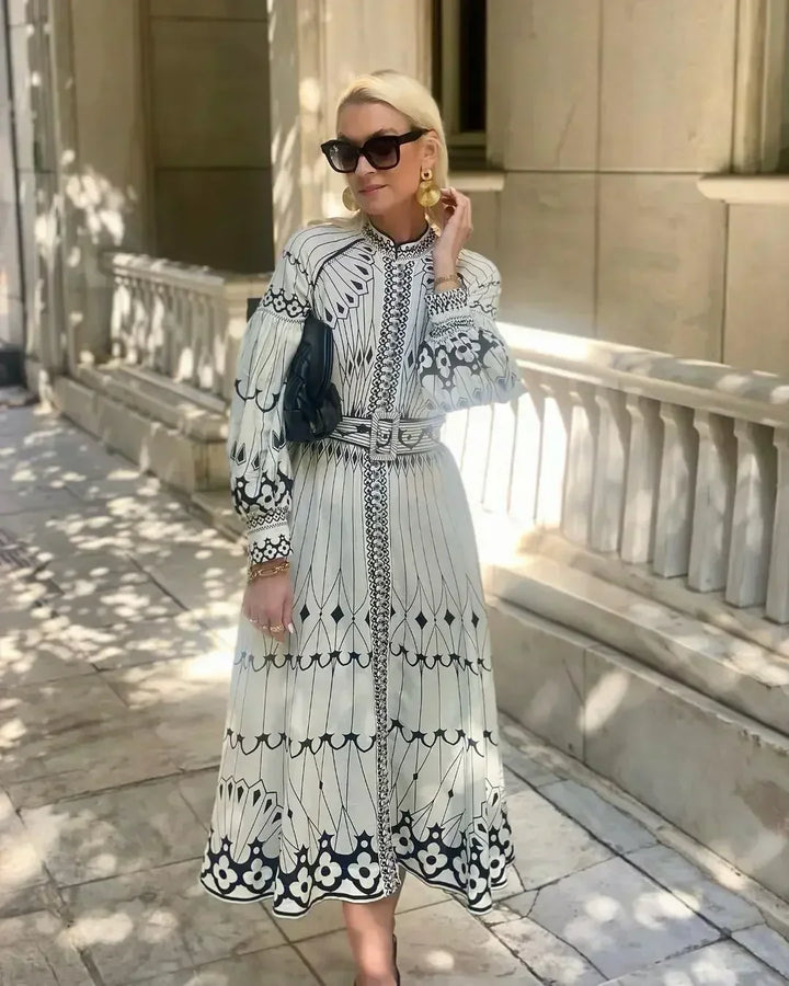 Mirabel - Elegant Retro Pattern Print A-Line Dress