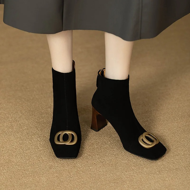 Perrine | Velvet Square Toe Ankle Boots with Block Heel for Women