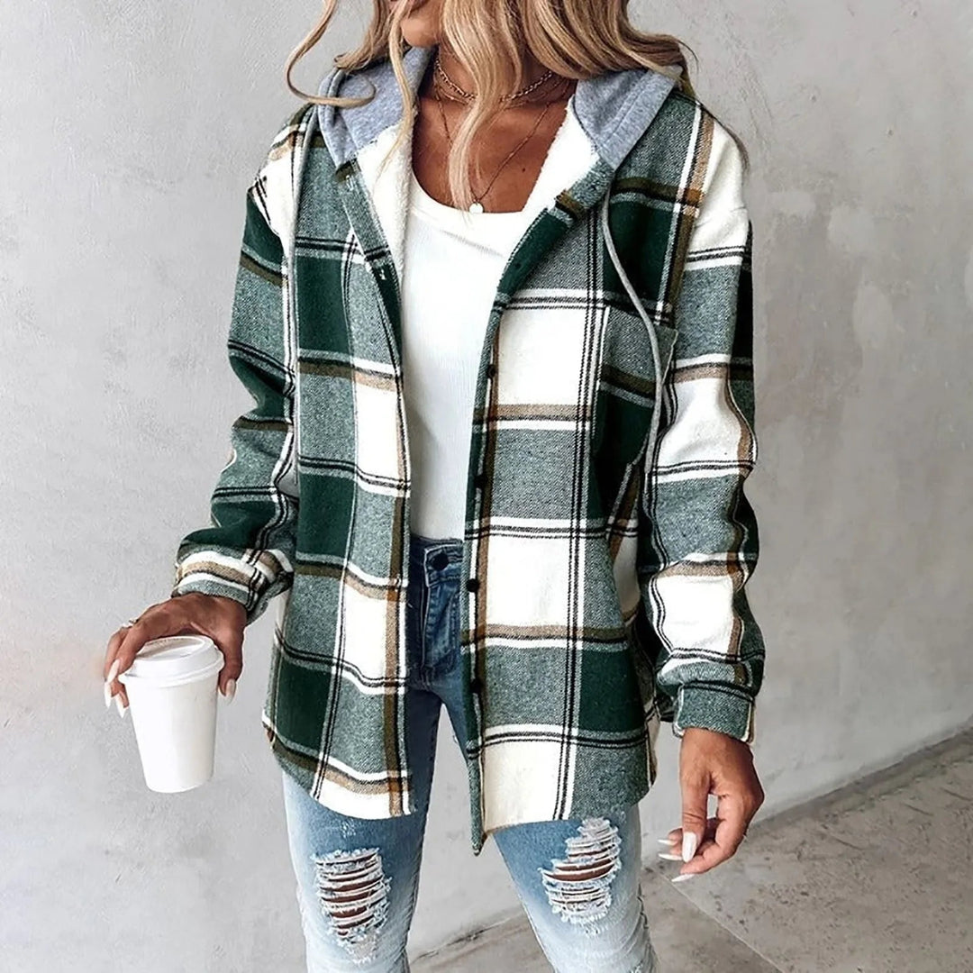 Klea | Plaid Hooded Shirt Jacket with Button Down Front for Women