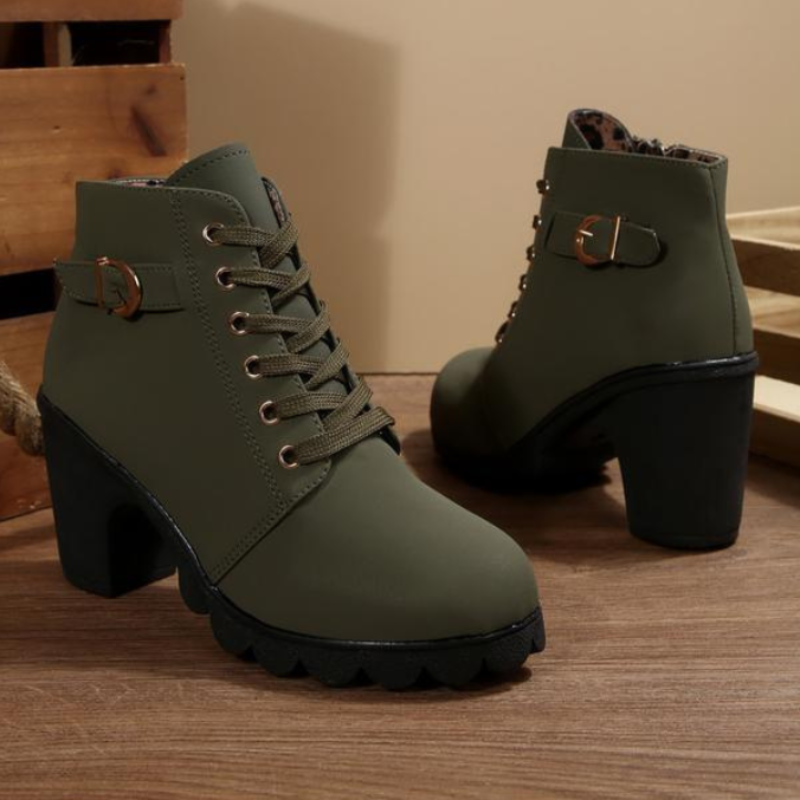 Karin | Lace Up Chunky Ankle Boots with Metal Buckle Trim for Women