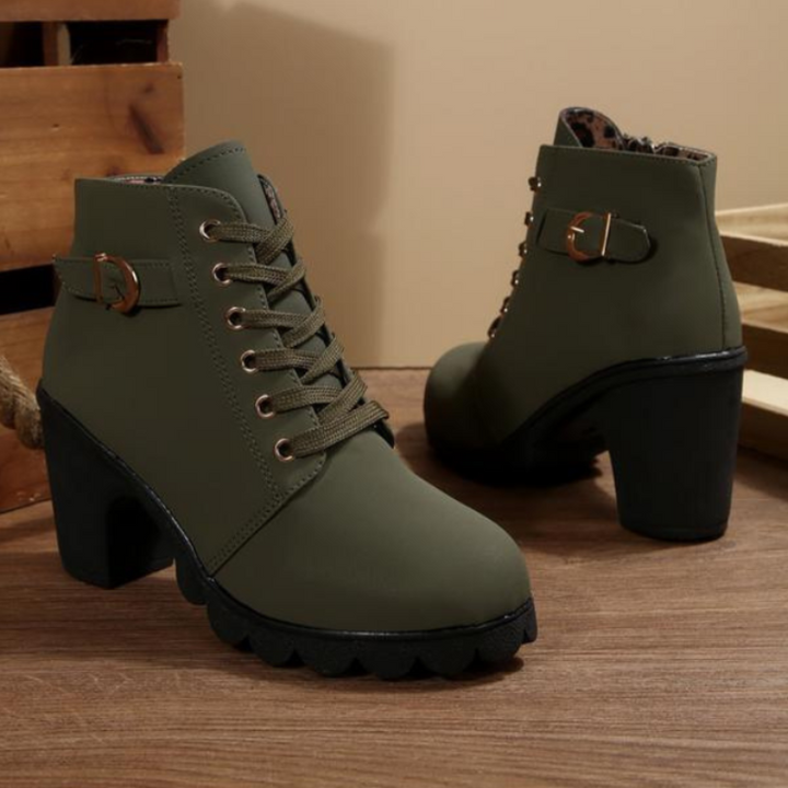 Karin | Lace Up Chunky Ankle Boots with Metal Buckle Trim for Women