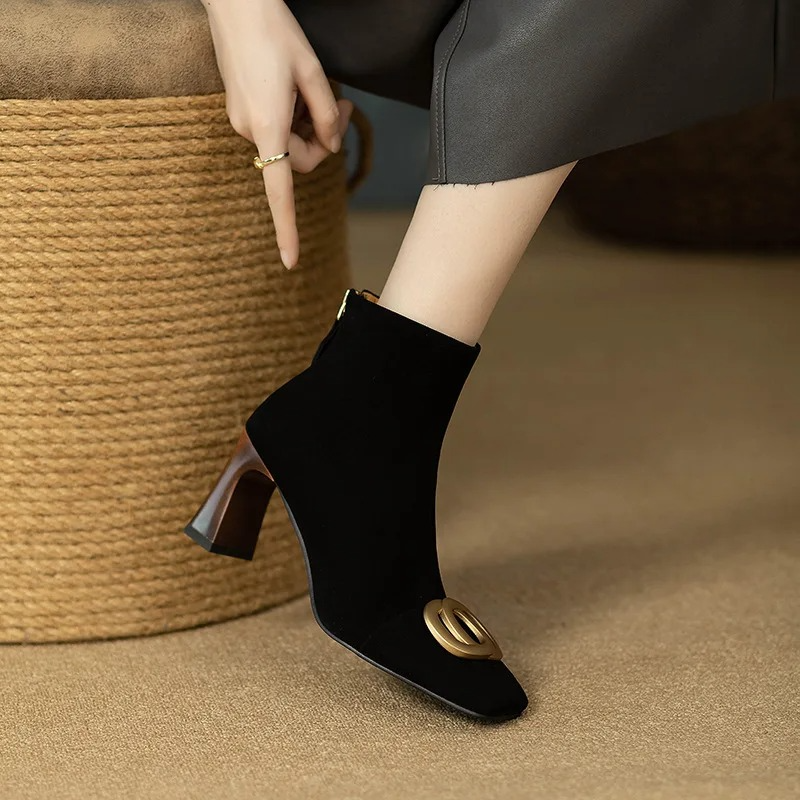 Perrine | Velvet Square Toe Ankle Boots with Block Heel for Women