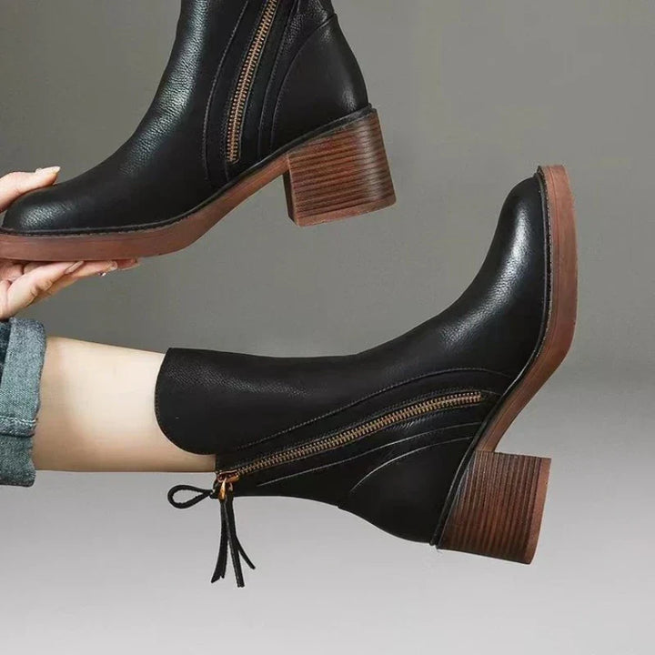 Nola | Leather Ankle Boots with Stacked Heel and Cushioned Insole for Women