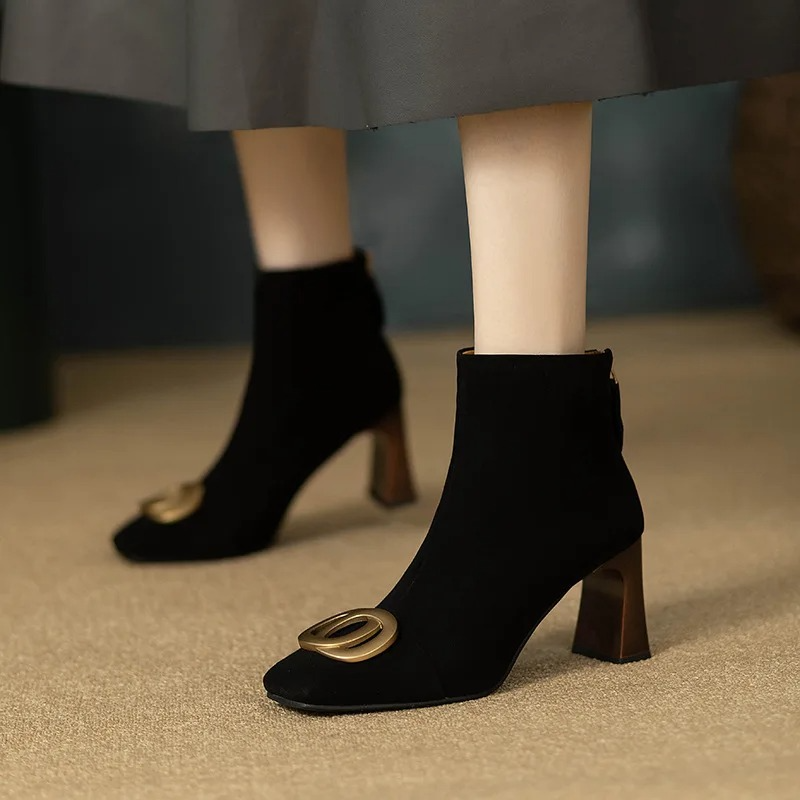 Perrine | Velvet Square Toe Ankle Boots with Block Heel for Women