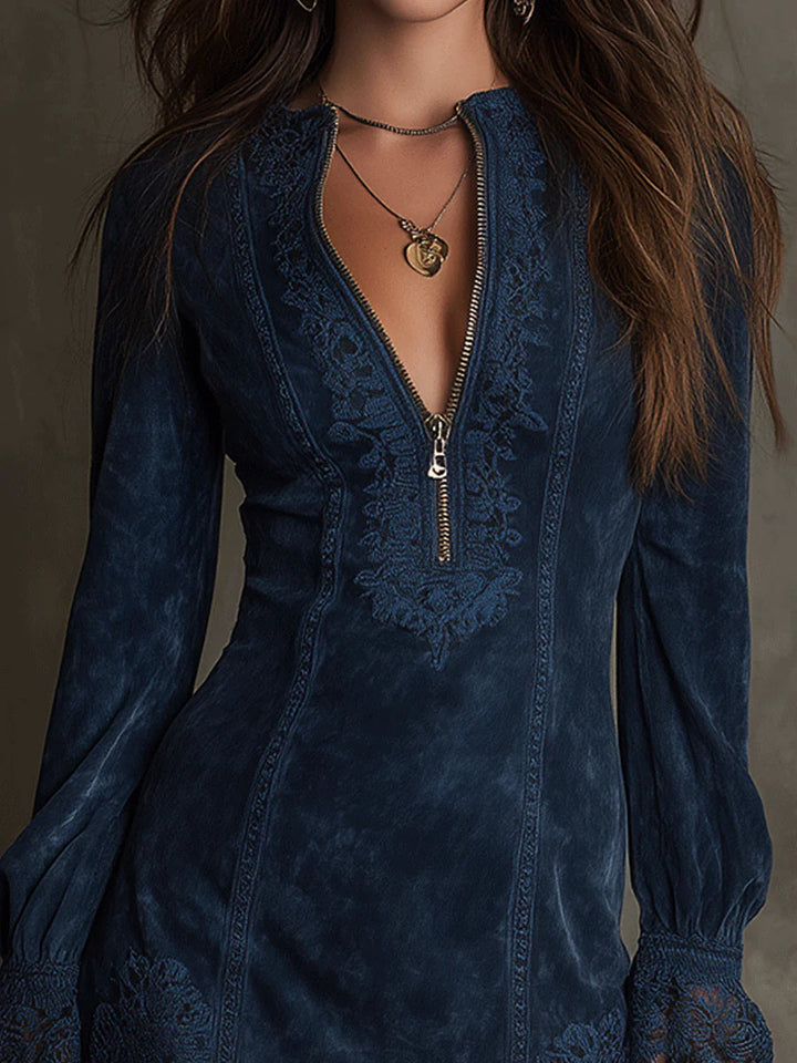 Camilla - Mini Dress In Blue Vintage Velvet With Lace