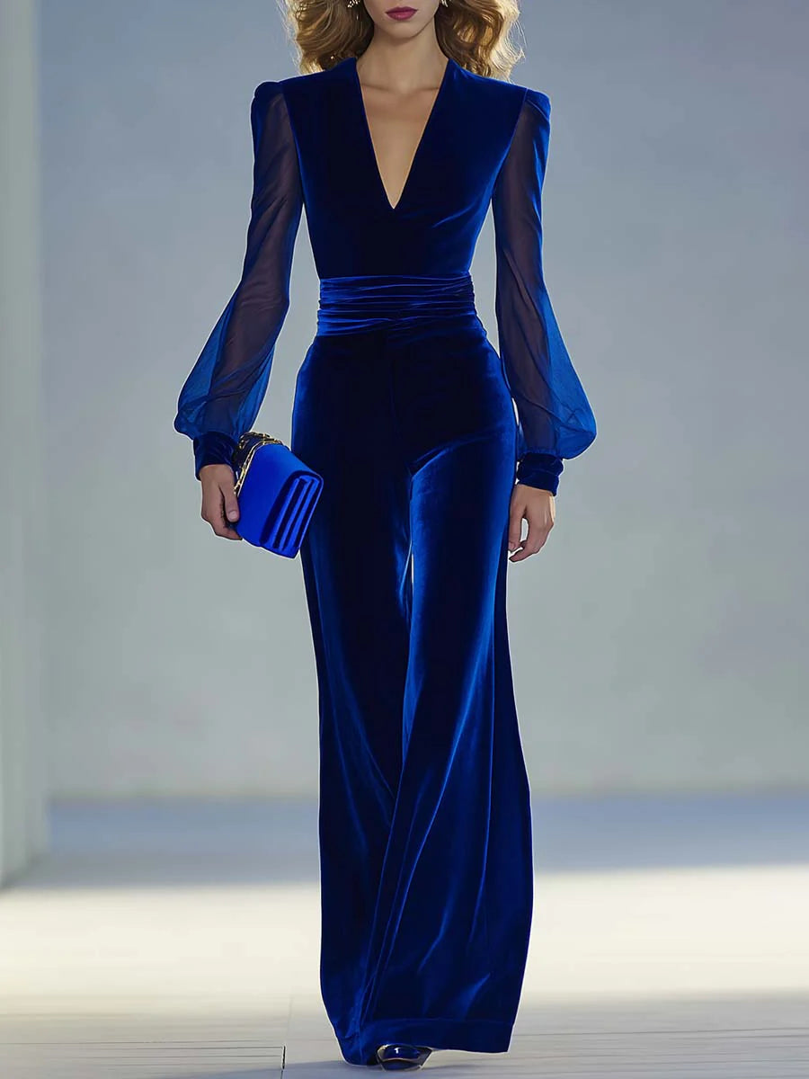 Sabrina | Velvet V Neck Evening Jumpsuit with Flattering Cut for Women
