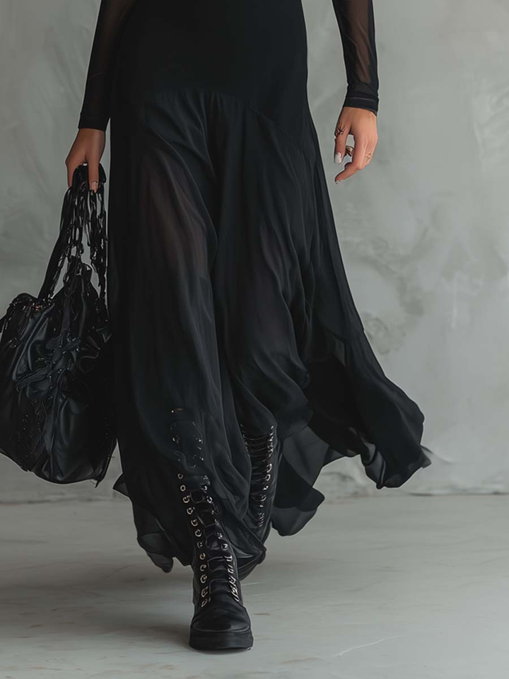 Ase - Loose Fit Maxi Dress In Black Tulle