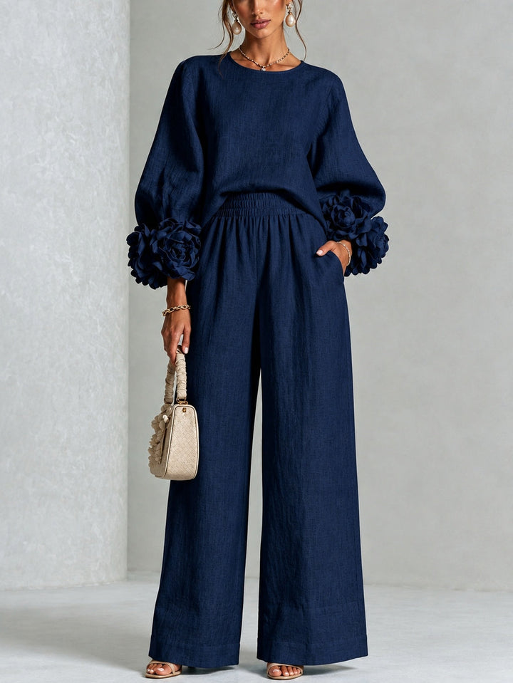 Xenia | Floral Cuff Top and Wide Leg Trouser Suit Set for Women