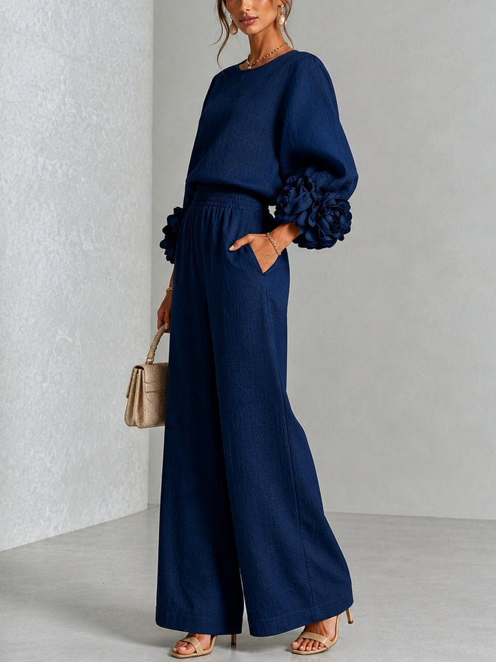 Xenia | Floral Cuff Top and Wide Leg Trouser Suit Set for Women