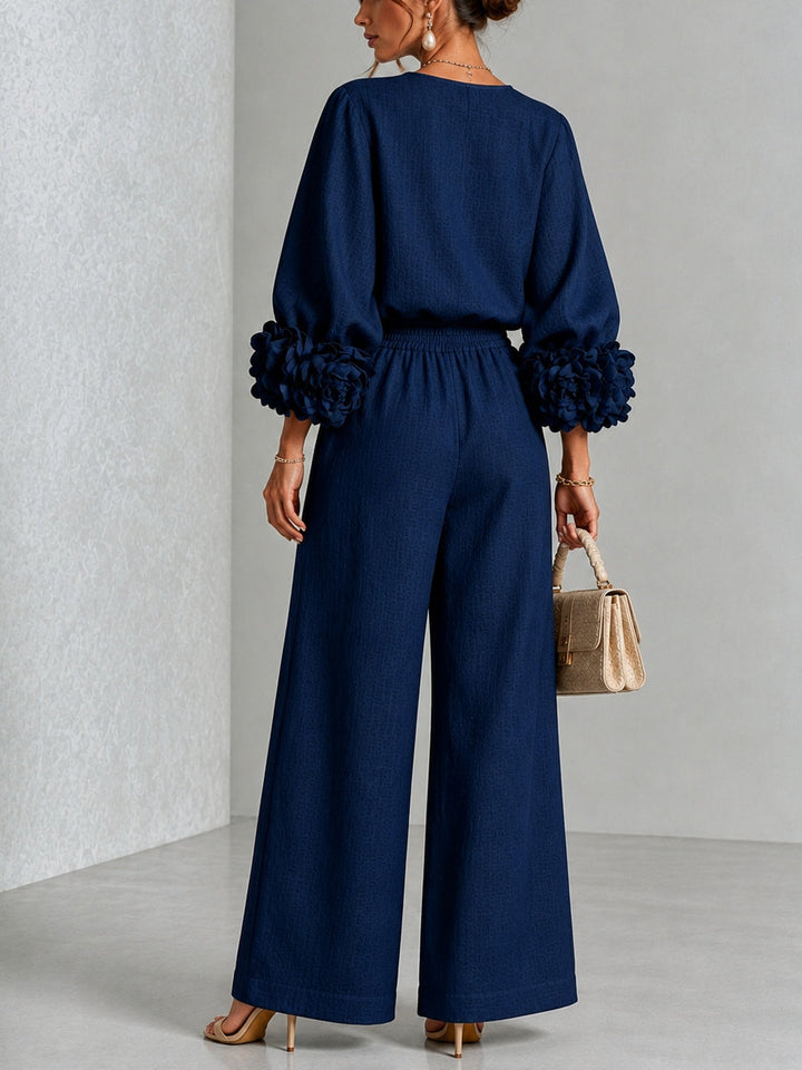 Xenia | Floral Cuff Top and Wide Leg Trouser Suit Set for Women
