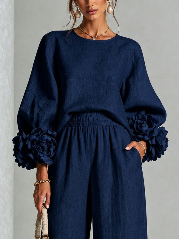 Xenia | Floral Cuff Top and Wide Leg Trouser Suit Set for Women
