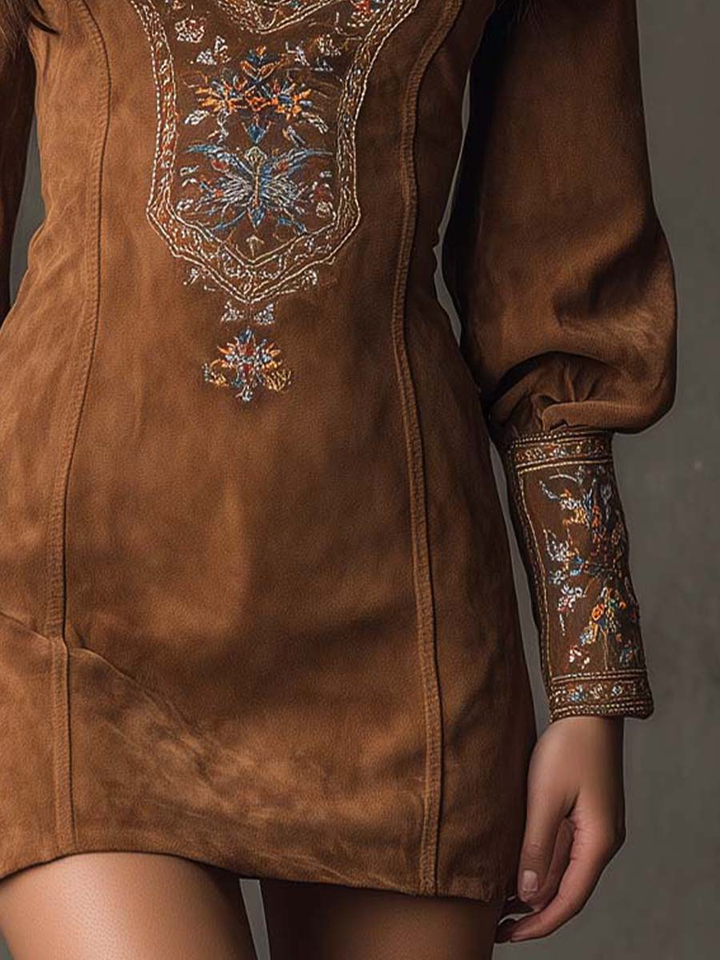 Embroidered Suede Mini Dress Purple