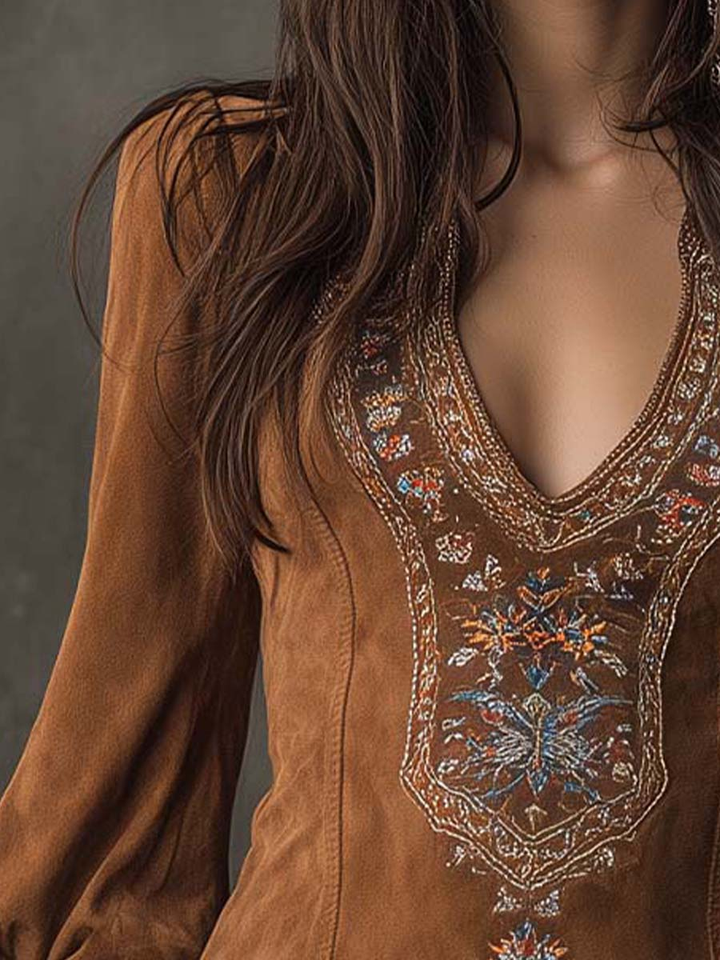 Embroidered Suede Mini Dress Purple