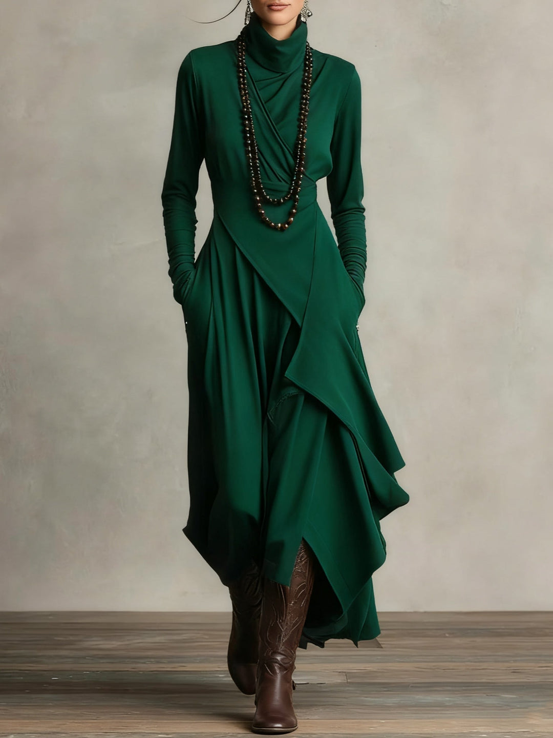 Aurelia Asymmetric Pleated Maxi Dress With High Collar