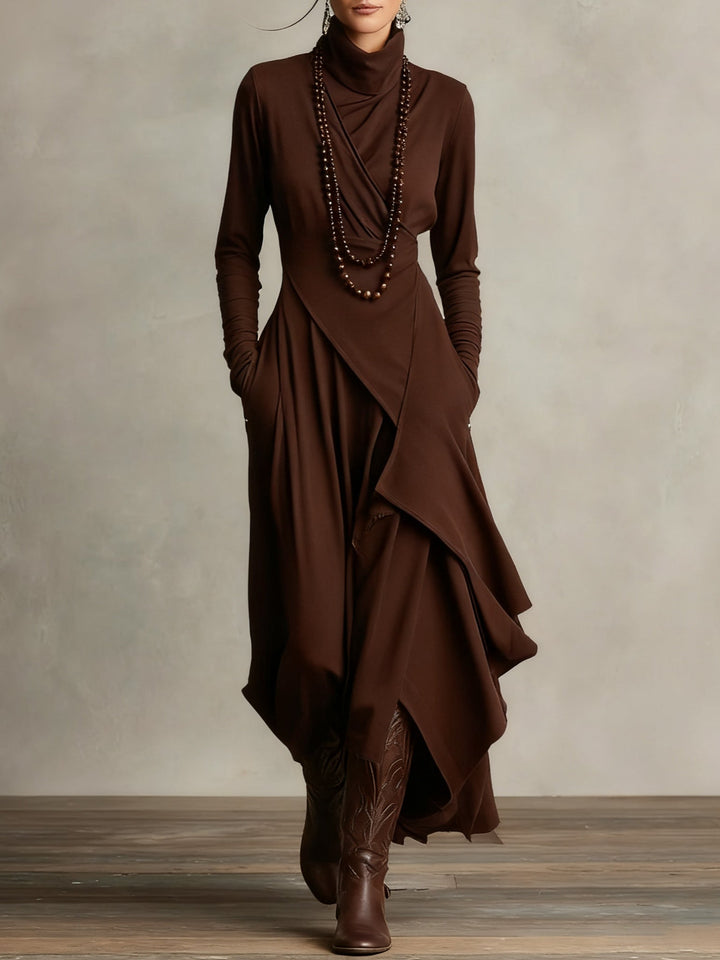 Aurelia Asymmetric Pleated Maxi Dress With High Collar