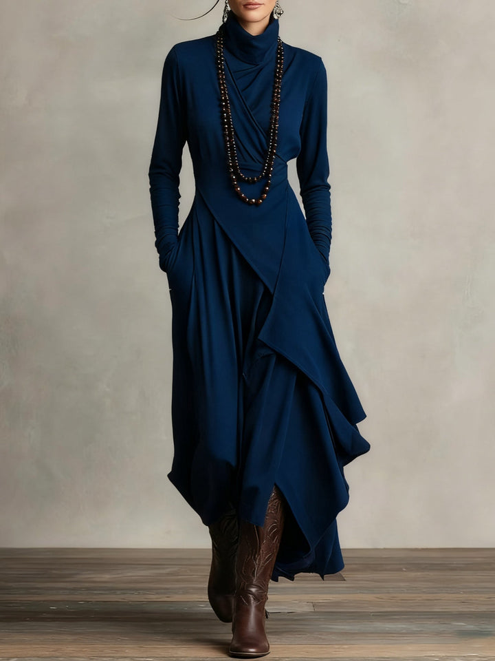 Aurelia Asymmetric Pleated Maxi Dress With High Collar