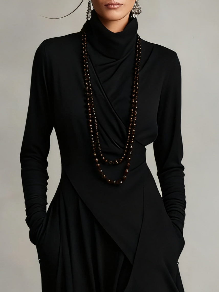 Aurelia Asymmetric Pleated Maxi Dress With High Collar
