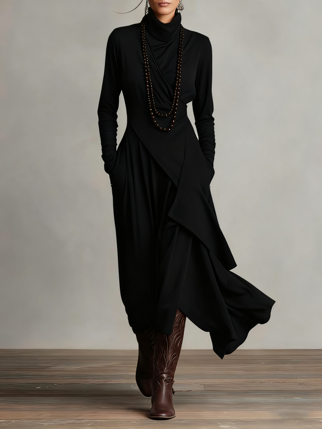 Aurelia Asymmetric Pleated Maxi Dress With High Collar